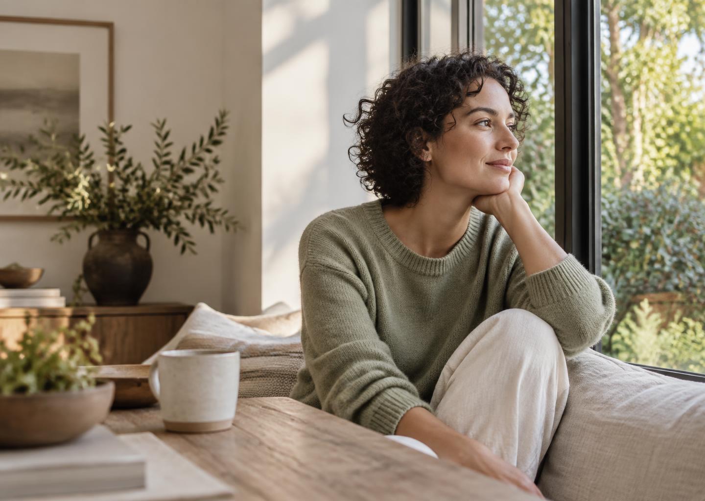 A woman taking a quiet moment by a sunlit window
